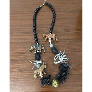 Vintage Wooden Beaded African Safari Animal‎ Statement Necklace